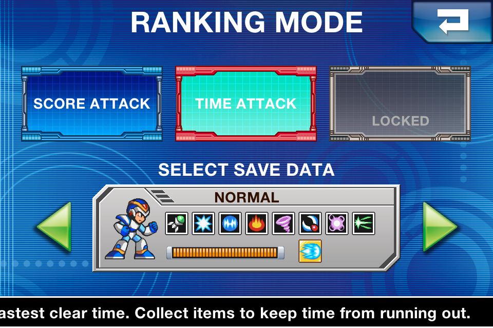 Sceenshot showing the game mode selection screen from Mega Man X on iPhone, when Time Attack released, when Survival Mode was not announced yet.