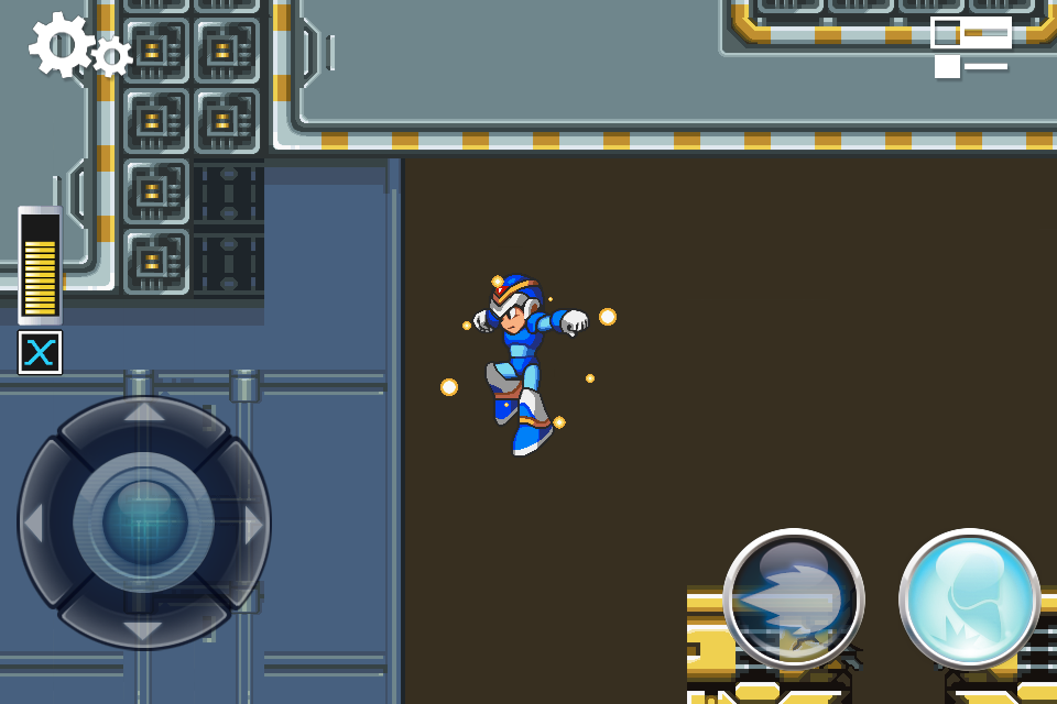 Screenshot from Mega Man X for iPhone, showing the location of the weapon upgrade inside the Flame Mammoth Stage