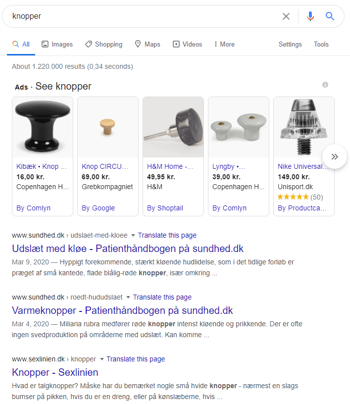 Screenshot from Google.com with a search for knopper, a Danish word that means both handles for furniture and bumps related to skin conditions and STIs